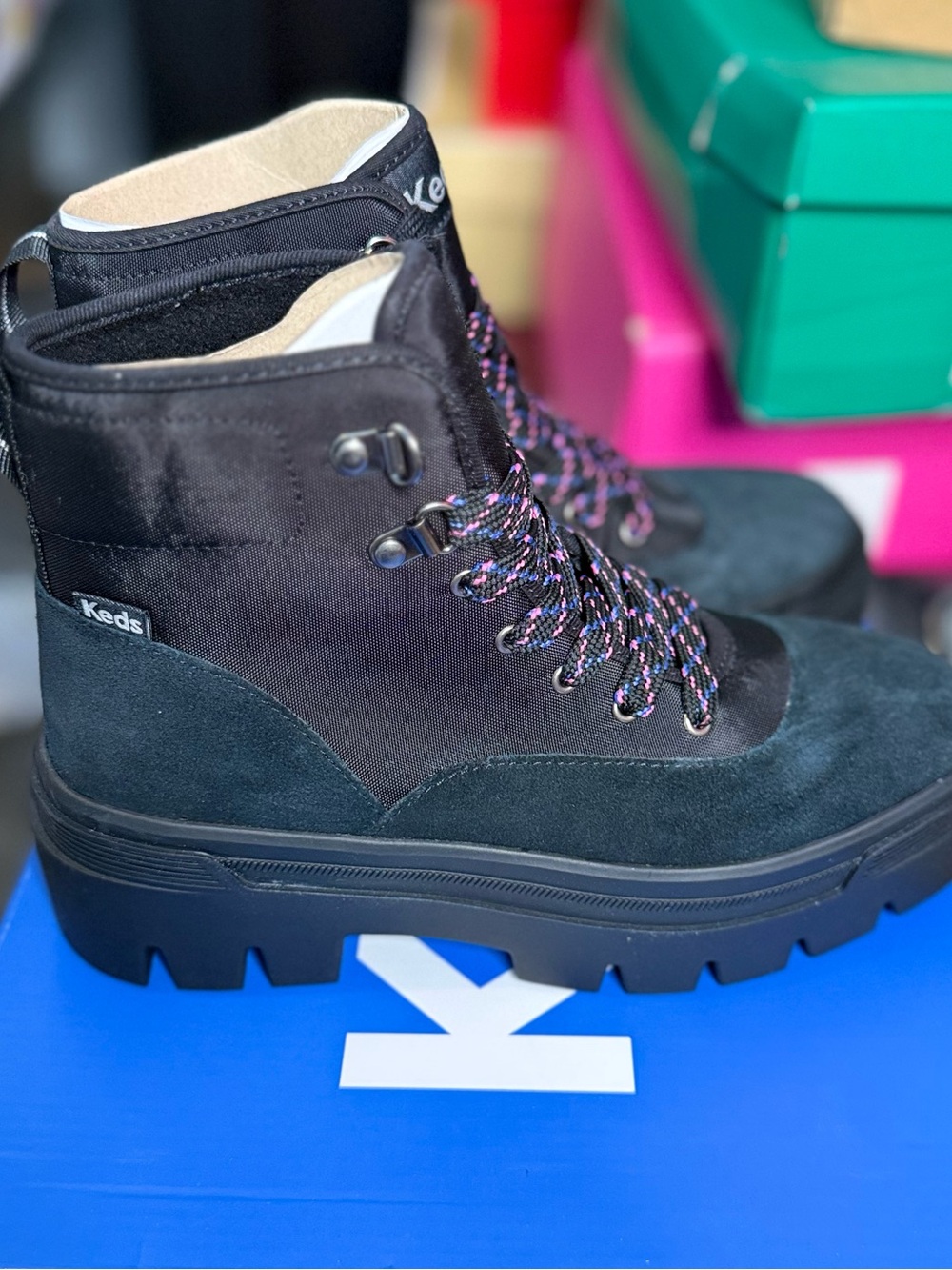 New KEDS Black Suede & Nylon Lug-Sole Lace-Up Boots with Multicolor Laces Size 6
